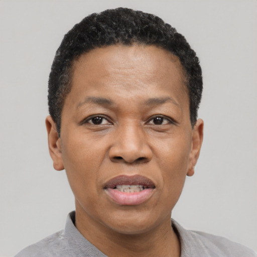 Joyful black adult female with short  black hair and brown eyes