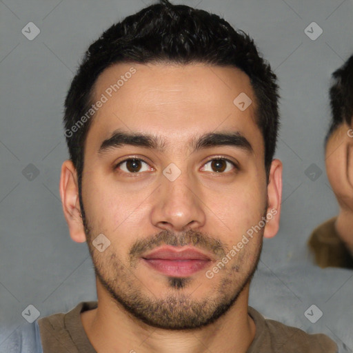 Neutral latino young-adult male with short  black hair and brown eyes