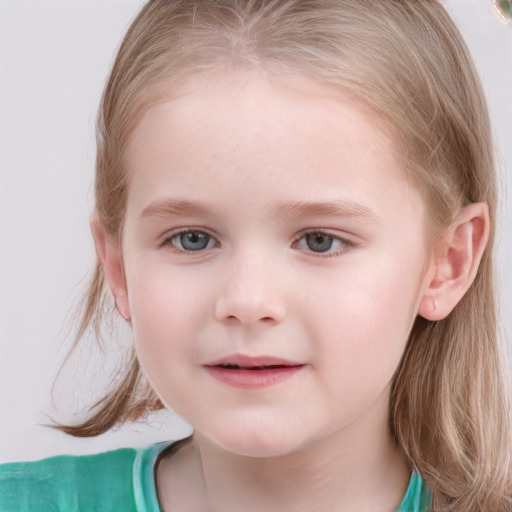 Joyful white child female with medium  brown hair and blue eyes