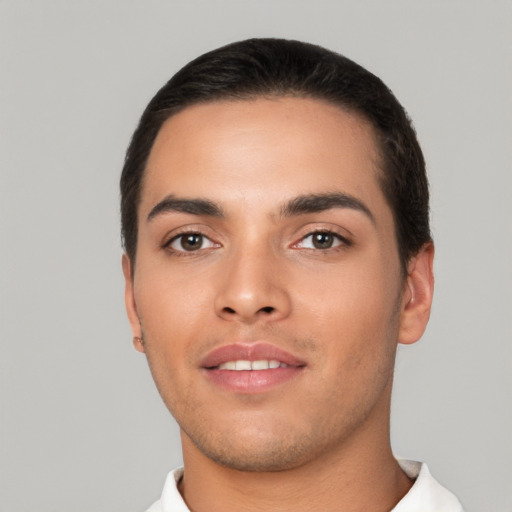 Neutral latino young-adult male with short  black hair and brown eyes