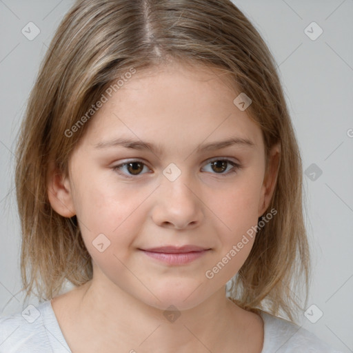 Joyful white child female with medium  brown hair and brown eyes