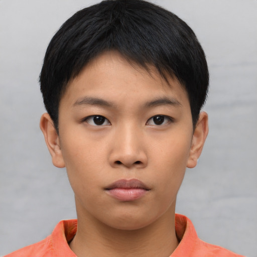 Neutral asian young-adult male with short  black hair and brown eyes