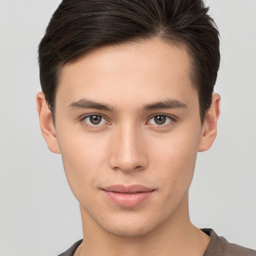 Neutral white young-adult male with short  brown hair and brown eyes