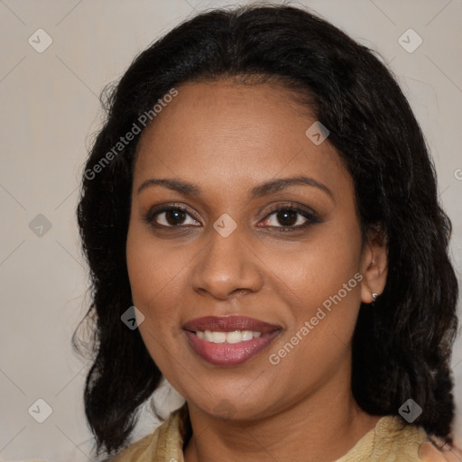 Joyful black young-adult female with medium  brown hair and brown eyes