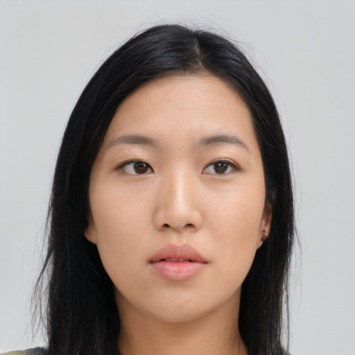Neutral asian young-adult female with long  black hair and brown eyes