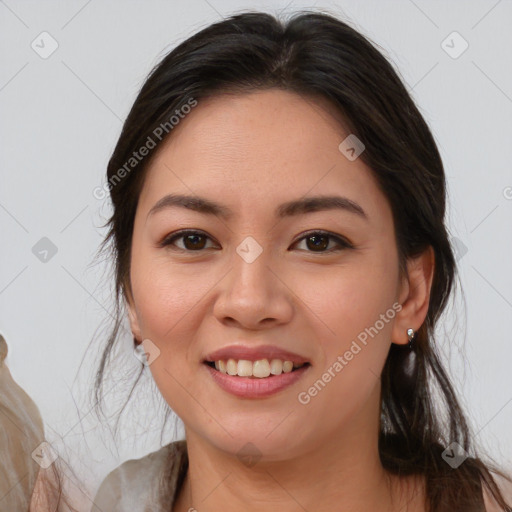 Joyful white young-adult female with medium  brown hair and brown eyes