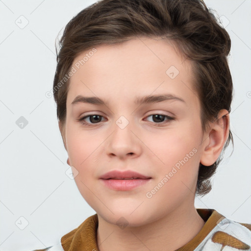 Joyful white child female with medium  brown hair and brown eyes