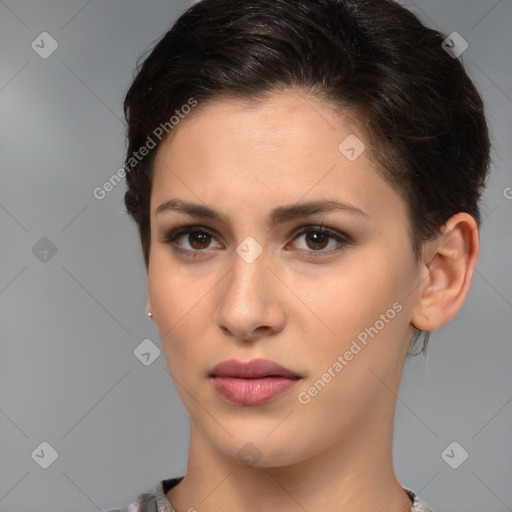 Neutral white young-adult female with short  brown hair and brown eyes