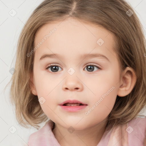 Neutral white child female with medium  brown hair and grey eyes