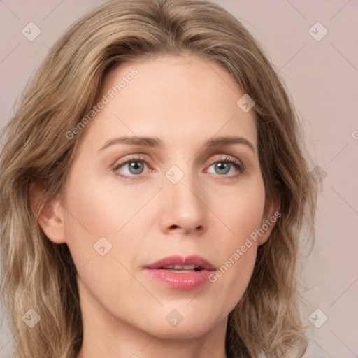 Joyful white young-adult female with medium  brown hair and green eyes