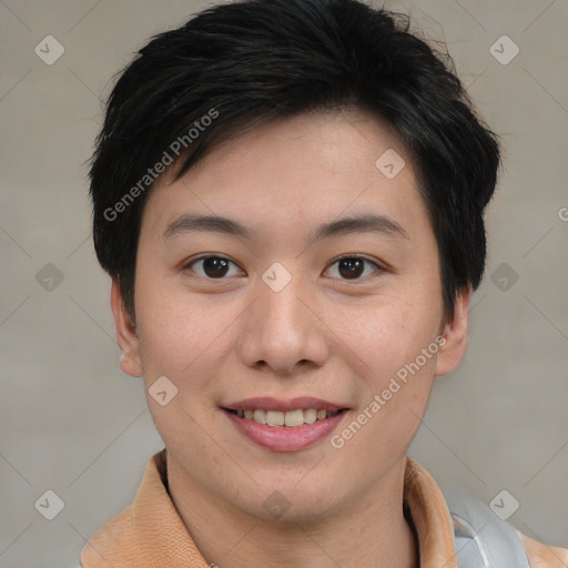 Joyful asian young-adult female with short  brown hair and brown eyes