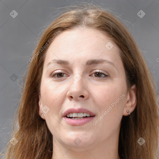 Joyful white young-adult female with long  brown hair and grey eyes