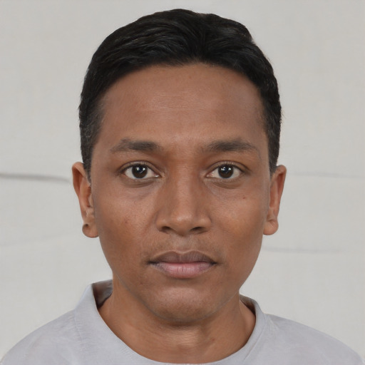Neutral asian young-adult male with short  black hair and brown eyes