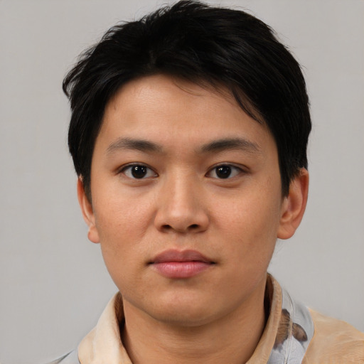 Neutral asian young-adult male with short  brown hair and brown eyes