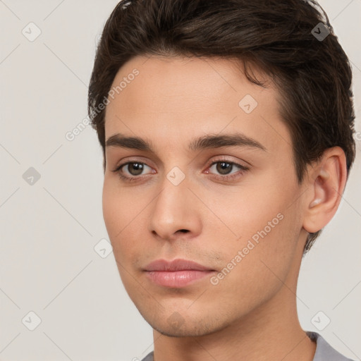 Neutral white young-adult male with short  brown hair and brown eyes