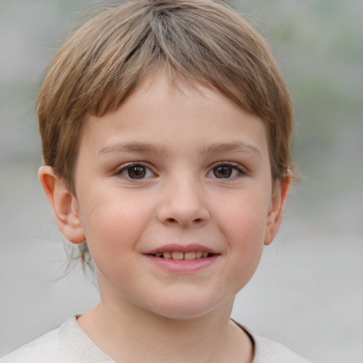 Joyful white child female with short  brown hair and brown eyes