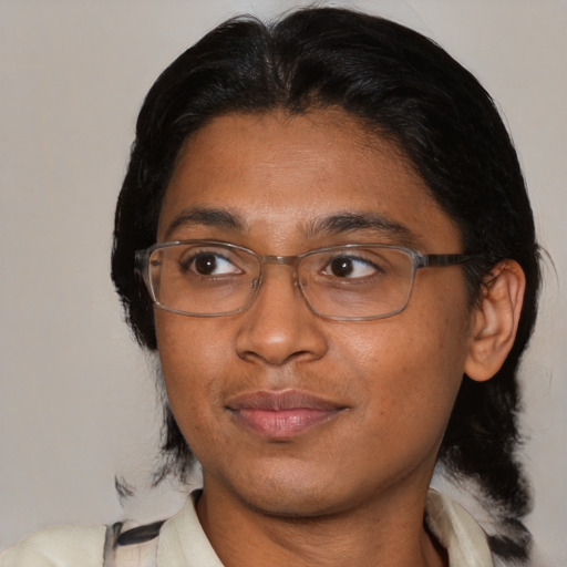 Neutral asian adult female with medium  brown hair and brown eyes