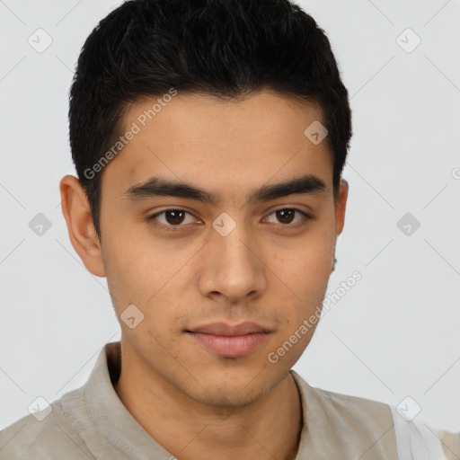 Neutral latino young-adult male with short  brown hair and brown eyes