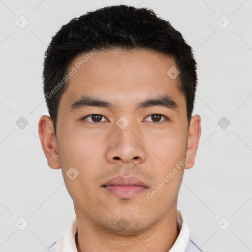 Neutral asian young-adult male with short  black hair and brown eyes