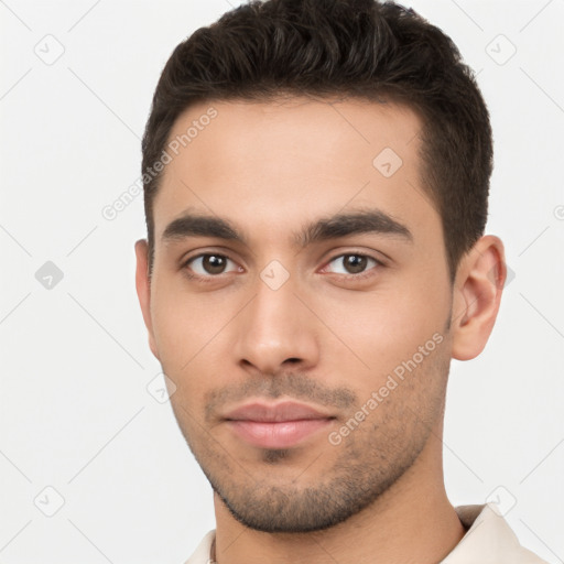 Neutral white young-adult male with short  brown hair and brown eyes