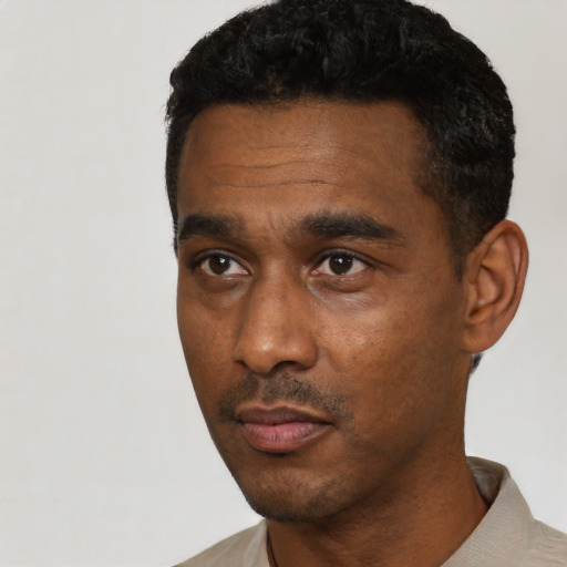 Neutral black young-adult male with short  black hair and brown eyes