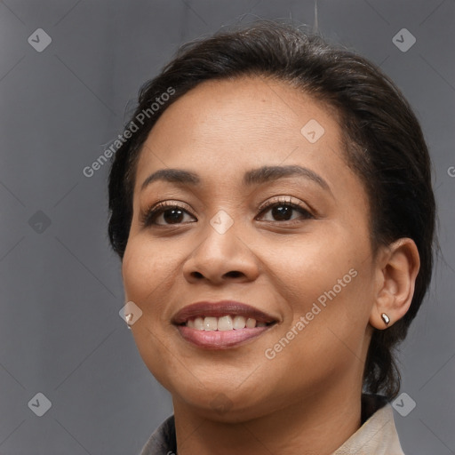 Joyful white young-adult female with medium  brown hair and brown eyes