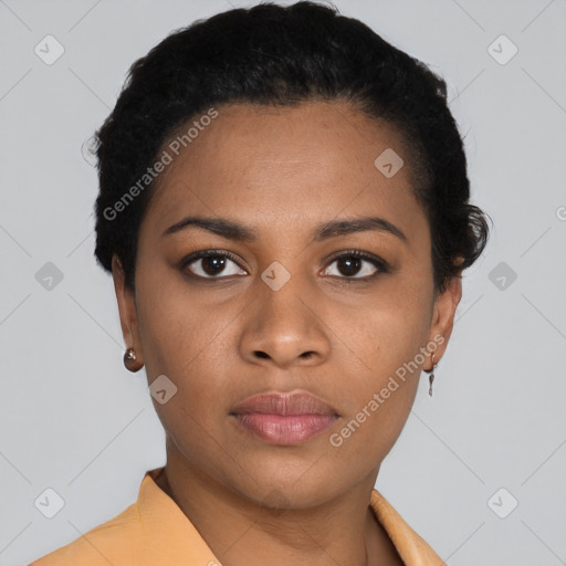 Neutral black young-adult female with short  black hair and brown eyes