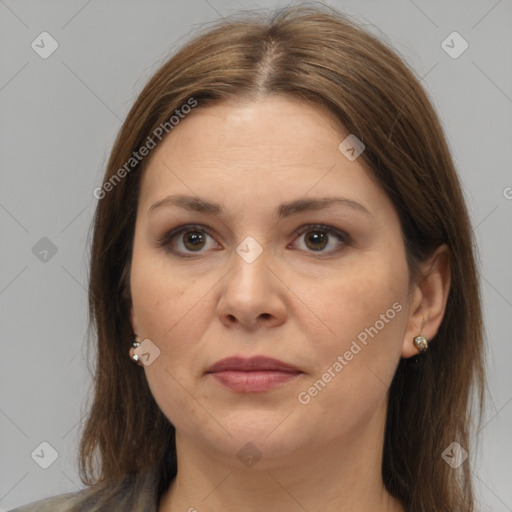 Joyful white adult female with medium  brown hair and brown eyes