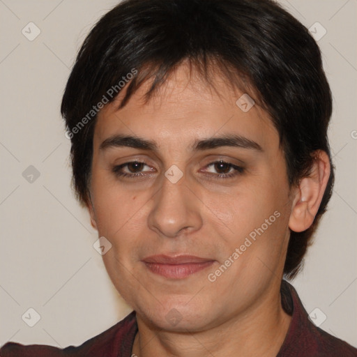 Joyful white adult female with medium  brown hair and brown eyes