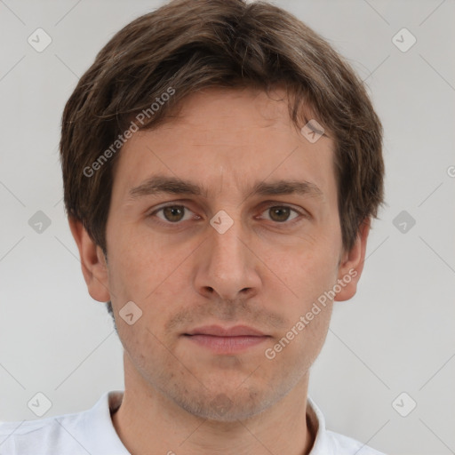 Neutral white young-adult male with short  brown hair and brown eyes