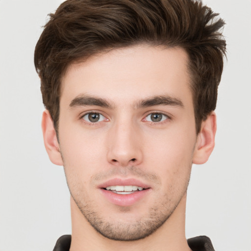 Neutral white young-adult male with short  brown hair and brown eyes