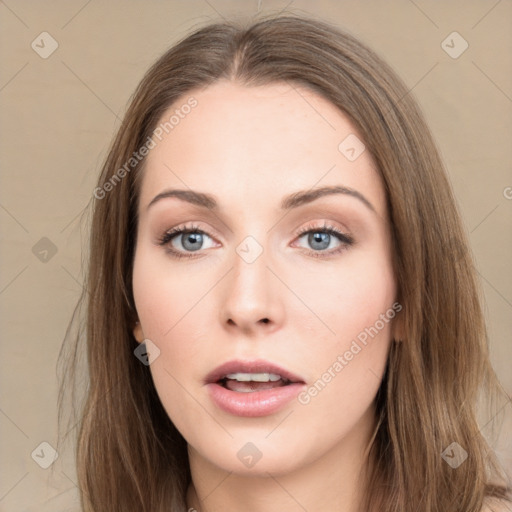 Neutral white young-adult female with long  brown hair and grey eyes