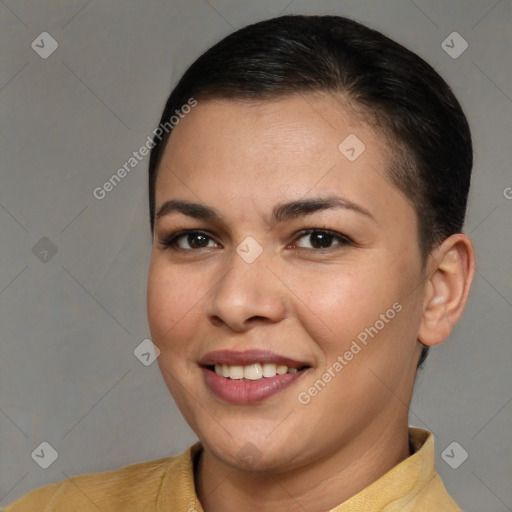 Joyful white young-adult female with short  brown hair and brown eyes