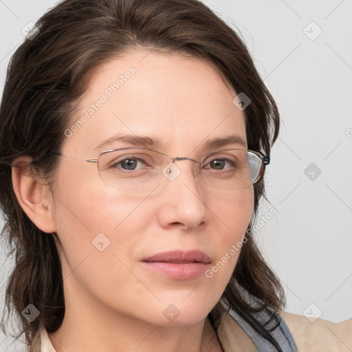 Neutral white young-adult female with medium  brown hair and brown eyes