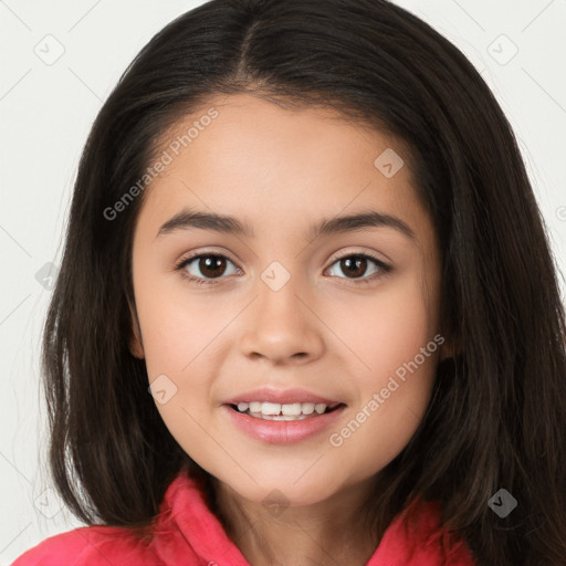 Joyful white child female with long  brown hair and brown eyes