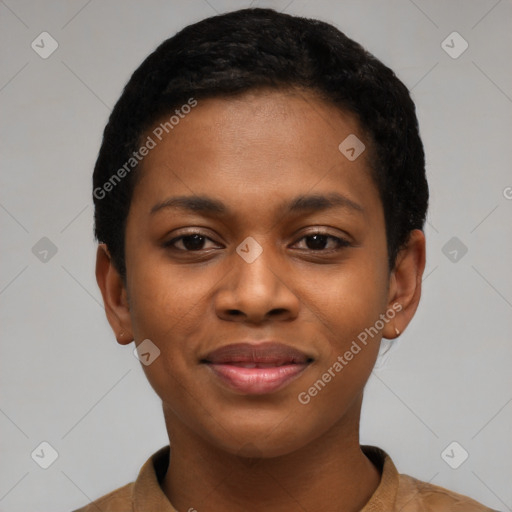 Joyful black young-adult female with short  black hair and brown eyes