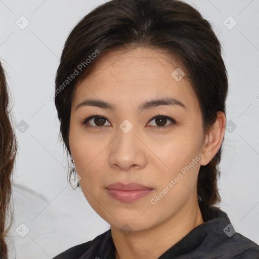 Neutral white young-adult female with medium  brown hair and brown eyes