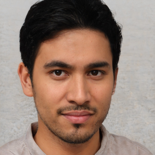 Neutral asian young-adult male with short  brown hair and brown eyes