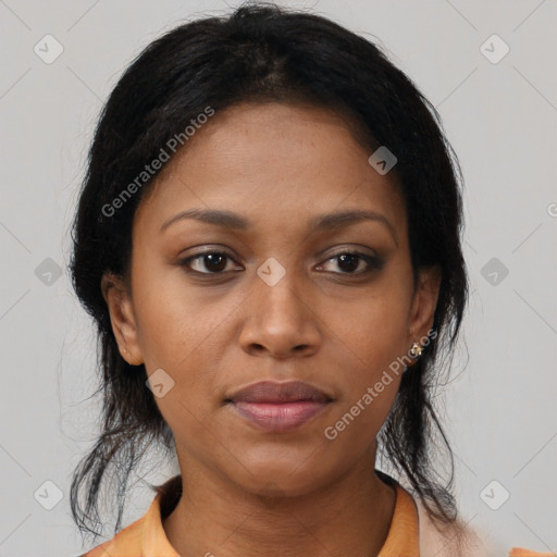 Neutral latino young-adult female with medium  black hair and brown eyes