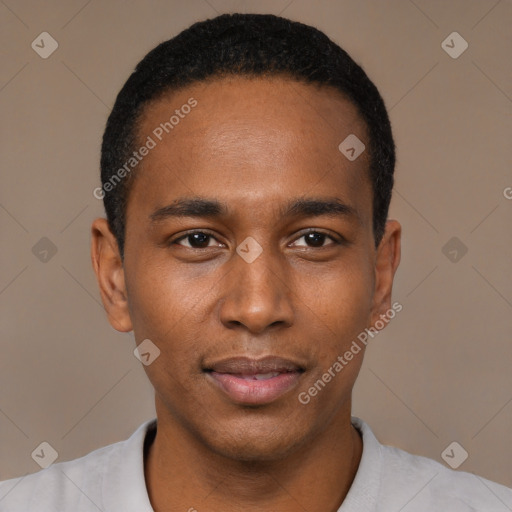 Neutral black young-adult male with short  black hair and brown eyes