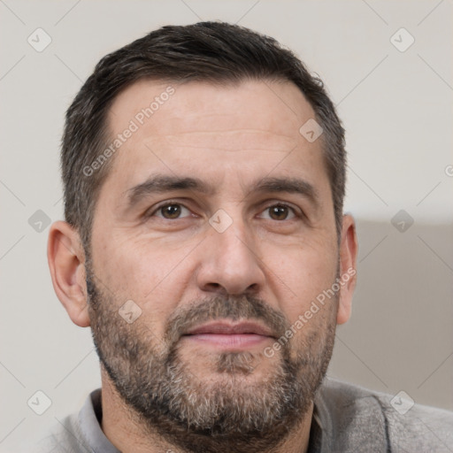 Neutral white adult male with short  brown hair and brown eyes