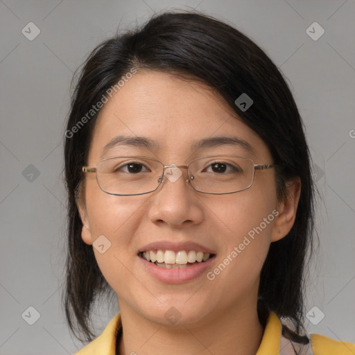 Joyful white young-adult female with medium  brown hair and brown eyes