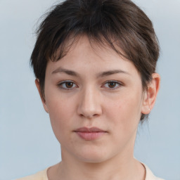 Neutral white young-adult female with short  brown hair and brown eyes