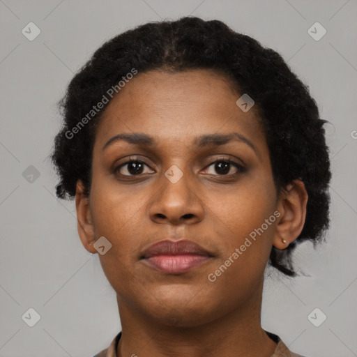 Neutral black young-adult female with short  black hair and brown eyes