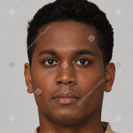 Neutral black young-adult male with short  brown hair and brown eyes