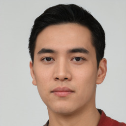 Neutral asian young-adult male with short  black hair and brown eyes