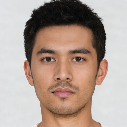 Neutral asian young-adult male with short  black hair and brown eyes