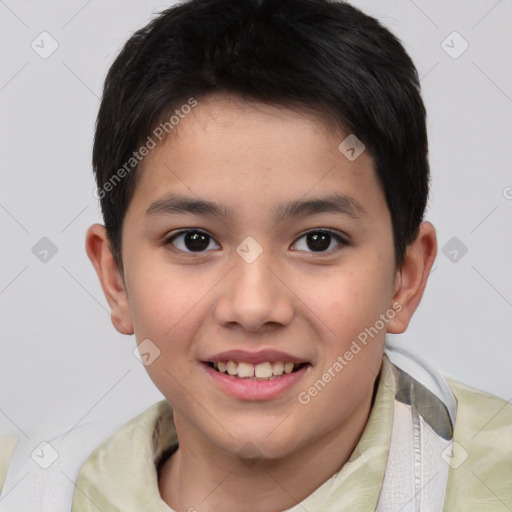 Joyful white child male with short  brown hair and brown eyes