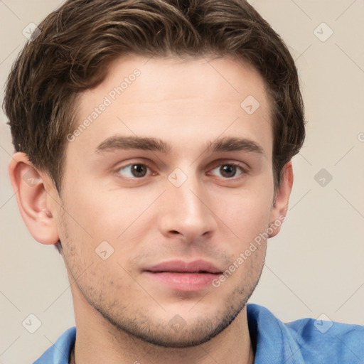 Neutral white young-adult male with short  brown hair and grey eyes