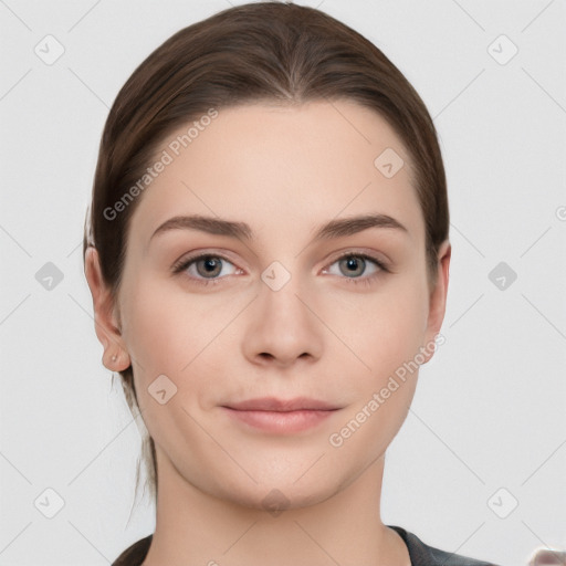 Neutral white young-adult female with medium  brown hair and grey eyes